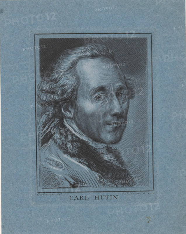 Portrait of Charles Francois Hutin, print, Bust facing right. Print after a drawn self-portrait. The French Rococo artist Charles Francois Hutin (1715-1776) received his training at the Académie Royale under Francois Lemoine. After his studies, he left for Rome with his father, where, on the advice of Jean-Francois de Troy, the new director of the French Academy, he began sculpting. In 1742, he returned to Paris. In 1744 he was accepted as a sculptor at the Académie Royale., printmaker: Christian Friedrich Boëtius, Dresden, after drawing by Charles François Hutin, 1771, Saxony, paper, print drawing, crayon manner, Hogen, crayon manner in black on blue paper, heightened with white, height 176 mm x width 128 mm, Person, historical persons, portrait, self-portrait of artist, A framed monochrome portrait drawn on blue paper showing a three-quarter view of an older man with wavy, swept-back hair and a high forehead, his face rendered with fine shading and detailed lines around the eyes, nos...