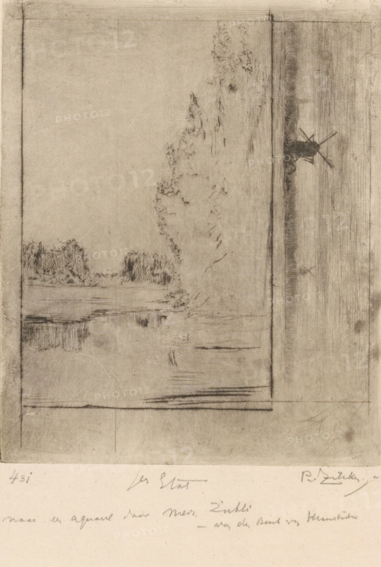 Landscape with water and trees and landscape with windmills, Environs de Breda (original title), print, annotation: 'after a watercolor by Mrs. Zubli, -at the Brink of ...', printmaker: Philip Zilcken (signed by artist), after drawing by Maria Zubli-van den Berch van Heemstede (signed by artist), 1890 - 1930, paper, drypoint, intaglio printmaking technique, height 170 mm x width 140 mm, windmill in landscape, trees, brook, Breda, A faint, sepia-toned sketch showing a horizontal composition with a pale background and darker pencil or ink lines forming a rectangular framed area; within the framed area there is a suggestion of a shoreline with loose, vertical and diagonal hatch marks indicating clumps of vegetation and tree shapes along the left edge and center, while the right side features a narrow vertical strip with denser cross-hatching and a small windmill silhouette with two visible sails; the lower portion of the framed area contains subtle horizontal strokes and smudges suggestin...