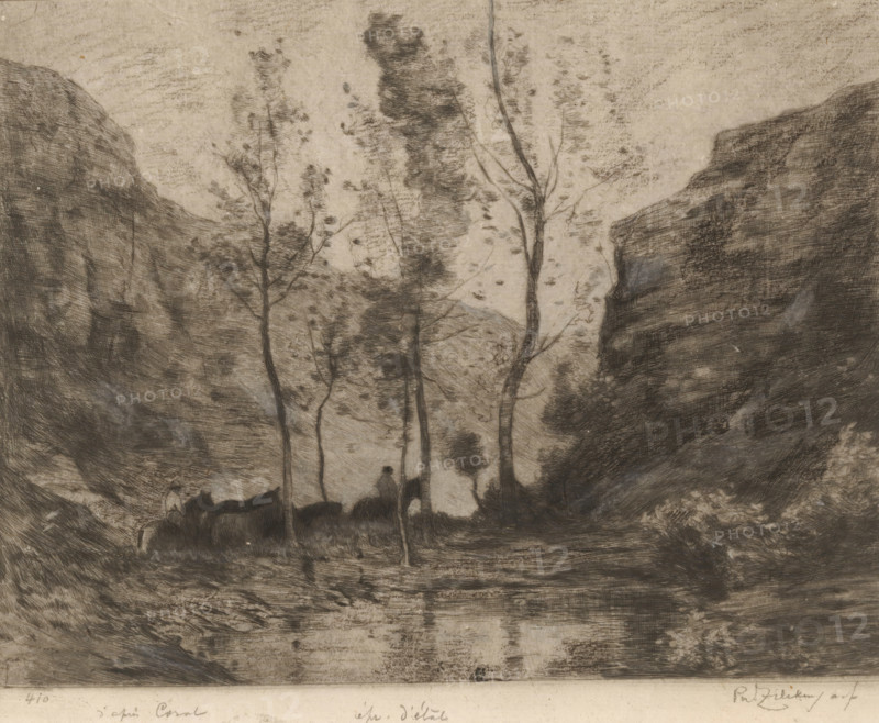 Mountain landscape with lake and horsemen, Les contrebandiers (original title), print, printmaker: Philip Zilcken (signed by artist), after drawing by Camille Corot (signed by artist), 1890 - 1930, inorganic material, paper, chalk, etching, drypoint, soft-ground etching, intaglio printmaking technique, drypoint and varnish mou, with plate tone, edited with white chalk, height 160 mm x width 211 mm, riding a horse, ass, or mule, rider, horseman, mountains, smuggler, A monochrome landscape sketch showing tall slender trees with sparse foliage rising from a dark foreground, flanked by steep rock faces on both sides that slope upward and inward, while textured crosshatched shading fills the sky and rocky surfaces; a shallow reflective body of water runs across the lower portion, with indistinct dark forms near the left bank that resemble animals and a faint human figure among them, and varied pencil strokes create subtle contrasts and smudged areas throughout the scene.