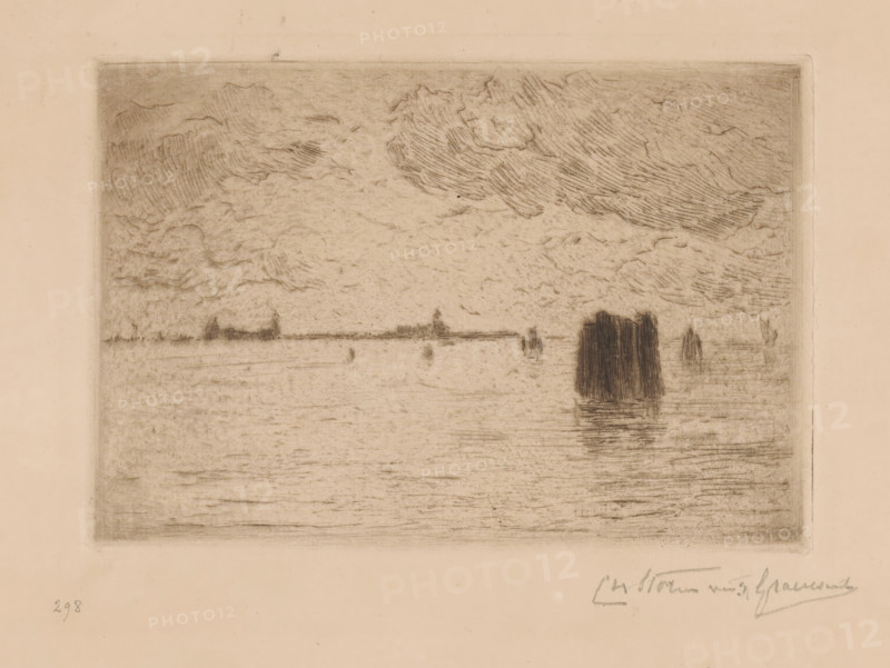 View of the Venice Lagoon with mooring post, print, number: '298', printmaker: Carel Nicolaas Storm van 's-Gravesande (signed by artist), 1887 - 1903, Carel Nicolaas Storm van 's-Gravesande, paper, drypoint, etching, intaglio printmaking technique, height 110 mm x width 160 mm, Possibly mentioned in: Storm van 's-Gravesande, Charles. Catalogue des eaux-fortes et lithographies. New York: sn, 1903, or in an unknown later edition of the manuscript. Presumably listed as catalogue number 298., prospect of city, town panorama, silhouette of city, haff, lagoon created by sand, shingle bank, coast, Venetian Lagoon, A bordered rectangular etching with a grainy texture shows a wide horizontal scene dominated by a cloudy sky rendered with curved, parallel hatch marks above a calm body of water with horizontal striations; near the center right a dark, vertical cluster of closely spaced lines rises from the water with its reflection beneath, and faint, low silhouettes of distant structures and thin...