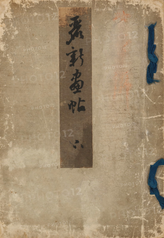 Reishin gajo - jo, New Picture Album - Part One, Book, Part one (of two), white cover with mica (silver-colored), gray title strip at the top center, 15 leaves: first two pages, title page (detached), one leaf, table of contents, fold-out fontispies with five circular illustrations of flowers and trees, other pages, pattern designs., printmaker: Matsui Yûkoku, Japan, printer (person): Honda Ichijiro, Kyoto, 1900, printer (person), Kinki, mineral, inorganic material, paper, mica, color woodcut, black line block with color blocks, height 253 mm x width 178 mm, A vertical strip of darker textured material runs down the center of a worn, beige surface, with several bold dark brushstrokes on the strip; the surrounding surface shows scratches, scuffs, and areas of discoloration, including faint reddish marks to the right of the strip and peeling at the top edge; two twisted blue fabric ties are visible along the right edge, one near the upper right and one lower down, both showing frayed end...