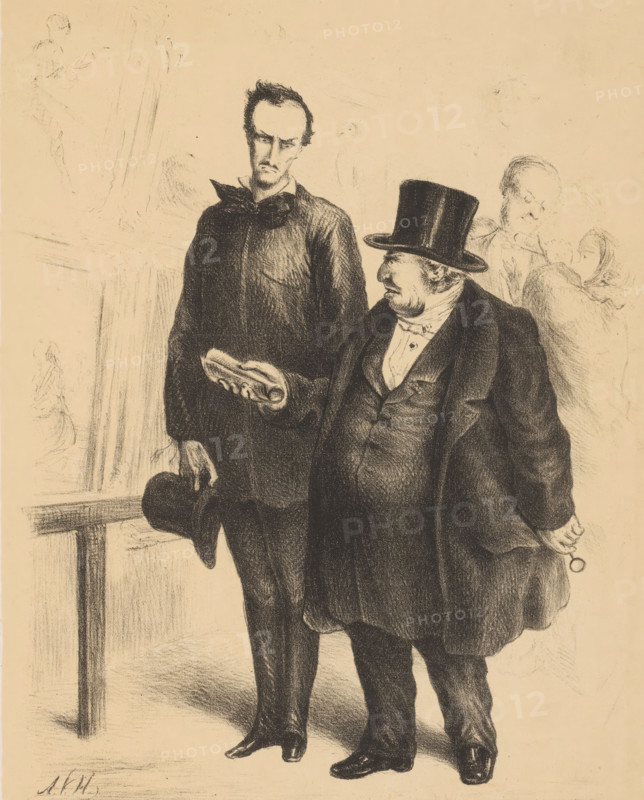 Discussion about portraiture, cartoon, A man tells an artist, in a painting exhibition, how he would like to be portrayed. Namely, less with feeling and thought and more with color., printmaker: Alexander Ver Huell (signed by artist), Netherlands, publisher: Dirk Anthonie Thieme, printer (person): Gerrit Jan Thieme, 1842 - 1879, printer (person), paper, tonal lithography, tonal lithography in black on yellow-brown, height 285 mm x width 210 mm, art collection, art gallery, negative criticism, A monochrome drawing shows two men standing close together in front of a faint background of sketched figures and architectural elements; the taller man on the left is gaunt with a long face and dark hair, wearing a dark coat with a high collar and holding a hat at his side while his other hand extends a folded object; the shorter man on the right is stout with a round face and sideburns, dressed in a dark suit with a waistcoat and a high top hat, his posture slightly turned toward the taller man ...