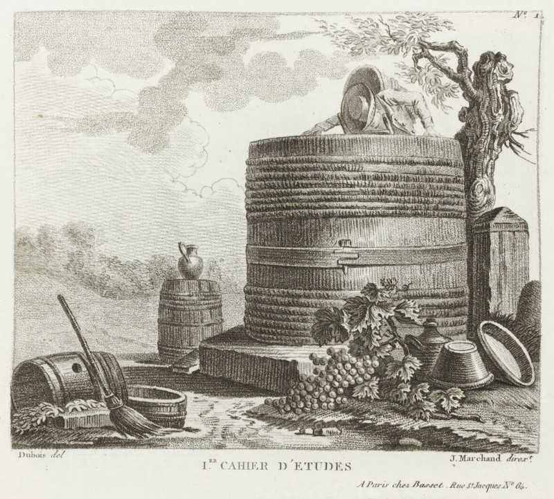 Title page for a series of drawing examples, Drawing examples, first notebook, I.er cahier d'etudes, print, album page, title page, Series number, 1, Wine press, bunches of grapes and other agricultural tools. This print is part of an album., after drawing by Dubois, supervision: Jacques Marchand, France, publisher: Basset, Paris, c. 1800 - c. 1825, Jacques Marchand, Dubois, Basset, printmaker, after drawing by, supervision, publisher, paper, etching, engraving, stippling, crayon manner, height 165 mm x width 195 mm, bunch of grapes, viticulture, wine-growing, vintage, wooden container: barrel, cask, bucket, wine-press, A detailed black and white engraving shows a large round wooden vat with horizontal bands and a hinged metal latch, a person leaning over the top rim with a wide-brimmed hat and an outstretched arm, a smaller barrel standing nearby topped by a pitcher, a cluster of grapes with leaves spilling over a stone ledge, scattered ceramic vessels including a tilted bowl and a ju...