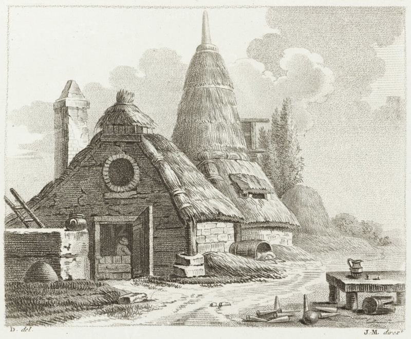Lime kiln and barn, Drawing examples, first writing, I.er cahier d'etudes, print, album page, Series number, 2, This print is part of an album., after drawing by Dubois, supervision: Jacques Marchand, publisher: Basset, Paris, c. 1800 - c. 1825, Jacques Marchand, Dubois, Basset, printmaker, after drawing by, supervision, publisher, paper, etching, engraving, stippelwerk, crayon manner, height 165 mm x width 195 mm, barn, charcoal furnace, A detailed pen-and-ink scene of rustic thatched buildings with rounded and conical roofs, showing textured straw covering, a circular window set into a sloped wall, and a small open doorway with a figure partially visible inside; a tall tapered thatched stack rises behind the roofs beside a chimney-like stone structure, and nearby trees and distant hills fade into a sky filled with stippled clouds; in the foreground are scattered barrels, a pitcher placed on a low stone ledge, bundles of straw, a ladder leaning against a wall, and various small tools ...