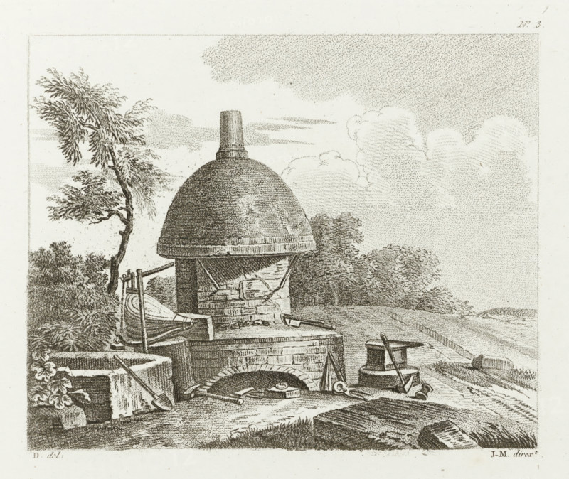 Oven with bellows, anvil and tools in the open air, Drawing examples, first writing, I.er cahier d'etudes, print, album page, Series number, 3, This print is part of an album., after drawing by Dubois, supervision: Jacques Marchand, France, publisher: Basset, Paris, c. 1800 - c. 1825, Jacques Marchand, Dubois, Basset, printmaker, after drawing by, supervision, publisher, paper, etching, engraving, stippelwerk, crayon manner, height 165 mm x width 195 mm, blast-furnace, bellows, A detailed monochrome illustration shows a domed brick kiln or furnace with a cylindrical chimney atop, set in a rural landscape. The kiln sits on a stone base with an arched opening revealing tools and a shallow hearth inside. Various metalworking tools and vessels are arranged around the kiln, including tongs, a hammer, a bucket, and a small anvil or stand. A wooden frame with straps and a bellows-like object leans against one side. Foliage surrounds the scene with a windswept tree to the left and dense shrubb...