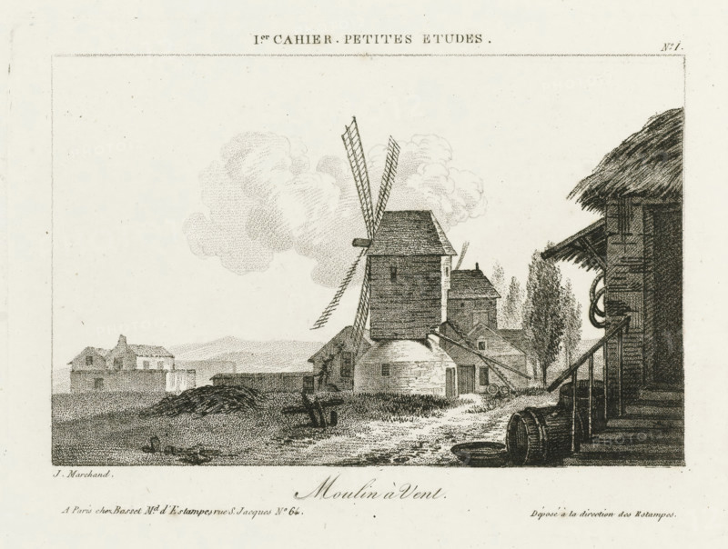 Windmill, Windmills in a landscape, Small drawing examples, first notebook, Irish cahier petites etudes, print, album page, Series number, 1, 4, This print is part of an album., printmaker: Jacques Marchand, publisher: Basset, Paris, c. 1800 - c. 1825, paper, etching, engraving, stippling, crayon manner, height 138 mm x width 192 mm, A detailed black and white illustration showing a rural scene with a large wooden windmill at the center, its sails angled upward and crosshatched with fine lines, standing behind a cluster of stone and timber buildings with pitched roofs; to the right a thatched structure with visible stair treads and coiled rope hangs on the wall, and a barrel and shallow basin sit near the base of the stairs; in the foreground a dirt path winds past grassy areas and low hedges toward the mill, where small trees with textured foliage rise beside the buildings; distant low-lying structures and a faint horizon appear on the left under a sky filled with soft, stippled cloud...
