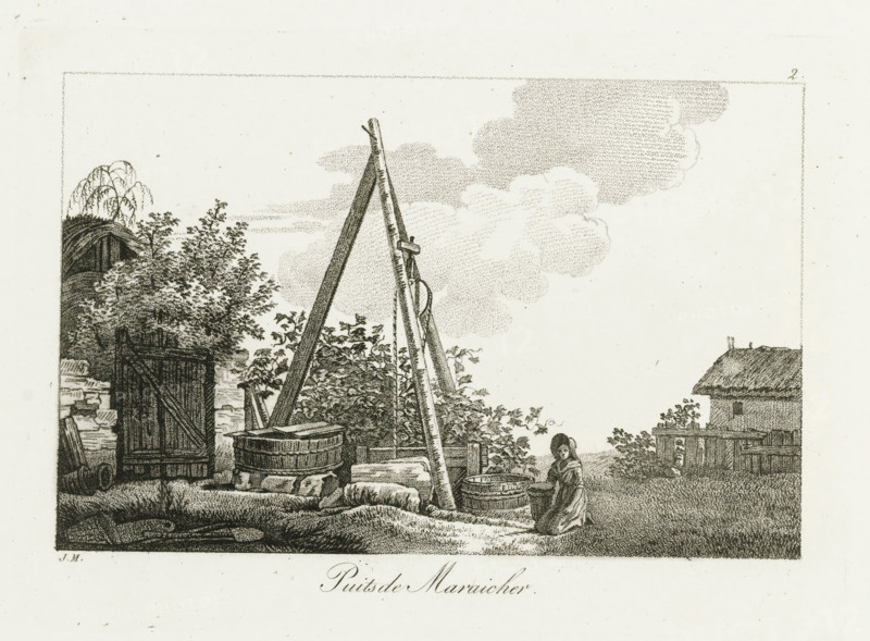 Maraicher's Well, Kneeling Woman by a Well, Irish Cahier Petites Etudes, Small Drawing Examples, First Notebook, Print, Album Page, Series number, 2, 4, This print is part of an album., Printmaker: Jacques Marchand, Publisher: Basset, Paris, c. 1800 - c. 1825, Jacques Marchand, Basset, Printmaker, Publisher, Paper, Etching, Engraving, Stippling, Crayon Manner, Height 138 mm x Width 192 mm, Well, A monochrome ink scene shows a rural yard with a wooden well structure made of long poles arranged in a tripod and a pulley, wooden barrels and tubs nearby, stacked stones and sacks on the ground, a gated wooden fence and a thatched roof building at the edge, leafy trees and bushes behind the well, a seated figure wearing a long cloak and head covering next to a tub, a sky filled with stippled cloud forms, and a rectangular decorative border framing the scene.