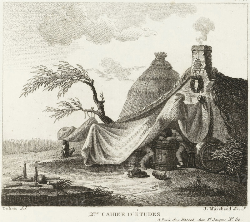 Title page for a series of drawing examples, Drawing examples, second notebook, 2nd cahier d'études, print, album page, Series number, 5, People sitting by a barrel under a canvas canopy by a house. This print is part of an album., after drawing by Dubois, supervision: Jacques Marchand, publisher: Basset, Paris, c. 1800 - c. 1825, Dubois, Jacques Marchand, Basset, printmaker, after drawing by, supervision, publisher, paper, etching, engraving, stippling, crayon manner, height 165 mm x width 194 mm, cottage, wooden container: barrel, cask, bucket, sunblind, sunshade, awning (variant), The image shows a detailed black and white etching of a landscape scene with a large draped cloth or tent stretched over rocks and barrels, a chimneyed structure with smoke curling upward, and a rounded thatched mound behind it; a small bent tree with slender leaves leans over the draped cloth, and two small figures are partially visible beneath the covering near a barrel, one wearing breeches and shoes; a...
