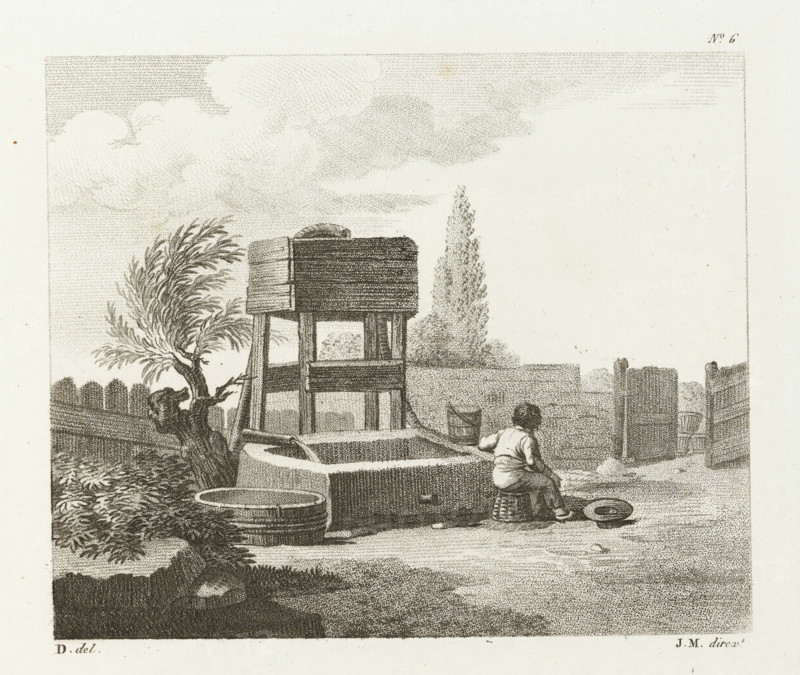 Boy with a bucket by a well or drinking trough, 2nd cahier d'études, Drawing examples, second notebook, print, album page, Series number, 6, This print is part of an album., after drawing by Dubois, supervision: Jacques Marchand, publisher: Basset, Paris, c. 1800 - c. 1825, Dubois, Jacques Marchand, Basset, printmaker, after drawing by, supervision, publisher, paper, etching, engraving, stippling, crayon manner, height 165 mm x width 194 mm, boy (child between toddler and youth), well, trough, A monochrome engraving shows a courtyard scene with a wooden elevated structure supported by posts and a roof-like top, positioned behind a rectangular stone trough. A woman is seated on a low stool beside the trough, leaning forward with one arm resting on its rim and a round object on the ground nearby. In front of the trough there is a large round tub and a smaller bucket placed near the woman. A windswept tree with curved branches stands to the left, its foliage detailed with fine lines, and ...