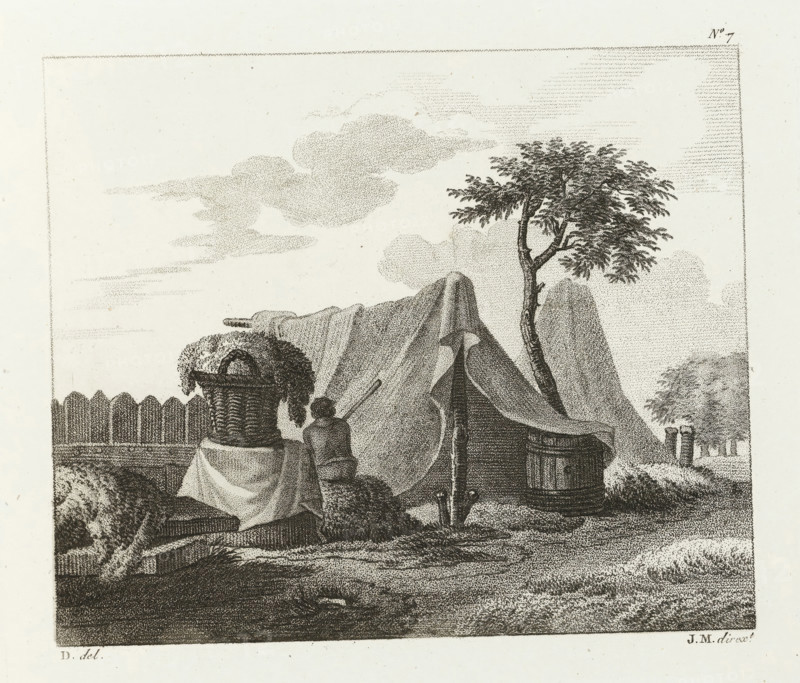 Man sitting next to a full basket near a tent, Drawing examples, second notebook, 2me. cahier d'études, print, album page, Series number, 7, This print is part of an album., after drawing by Dubois, supervision: Jacques Marchand, publisher: Basset, Paris, c. 1800 - c. 1825, Dubois, Jacques Marchand, Basset, printmaker, after drawing by, supervision, publisher, paper, etching, engraving, stippelwerk, crayon manner, height 165 mm x width 194 mm, container made of plant material other than wood: basket, tent, A stippled ink scene shows a makeshift campsite with a draped tent held up by a slender tree with leafy branches, a basket filled with foliage set on a cloth-covered table, and a figure kneeling beside the table reaching toward the tent. In front of the tent a wooden barrel and a low round container sit on the ground, and a picket fence runs along the left background. The sky is filled with soft, dotted cloud forms and the foreground ground is textured with short strokes and stipplin...