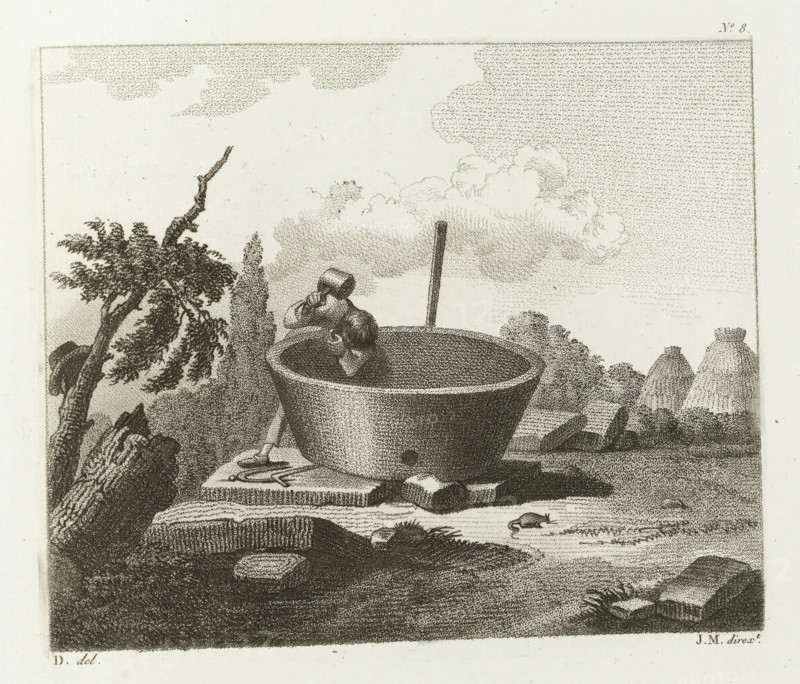 Man with hammer and chisel working on a water tank, Drawing examples, second notebook, 2nd cahier d'études, print, album page, Series number, 8, This print is part of an album., after drawing by Dubois, supervision: Jacques Marchand, publisher: Basset, Paris, c. 1800 - c. 1825, Dubois, Jacques Marchand, Basset, printmaker, after drawing by, supervision, publisher, paper, etching, engraving, stippling, crayon manner, height 165 mm x width 194 mm, water-supply (, public services), tools, aids, implements, crafts and industries: hammer, crafts and industries: chisel, A stippled print shows a large rounded basin resting on a stone ledge with a cylindrical post behind it and a small figure leaning over the basin rim holding a vessel to its face. To the left a twisted tree with leafy branches rises beside rocky terrain and a tall narrow shrub stands near the basin. In the middleground low rounded hills and stacks with clustered vegetation appear, and a small animal is at the water's edge nea...