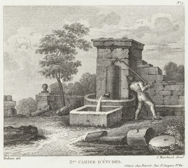 Man at water pump, Drawing examples, third script, 3me. cahier d'études, print, album page, Series number, 9, This print is part of an album., after drawing by Dubois, supervision: Jacques Marchand, publisher: Basset, Paris, c. 1800 - c. 1825, Jacques Marchand, Dubois, Basset, printmaker, after drawing by, supervision, publisher, paper, etching, engraving, stippelwerk, crayon manner, height 170 mm x width 195 mm, utilitarian, public pump or water fountain, pump, A stippled black and white engraving shows a stone fountain with a rectangular basin and curved spout pouring water into it, set against stacked stone blocks and a tall column-like structure with a flat top that has small plants on it; a nude male figure is leaning forward, gripping a long lever attached to the upper stone, and stepping on a lower block; a leafy tree rises to the left of the fountain, with shrubs and rounded stone balustrades nearby, and a stream or body of water flowing in the foreground over rocks and grassy ...