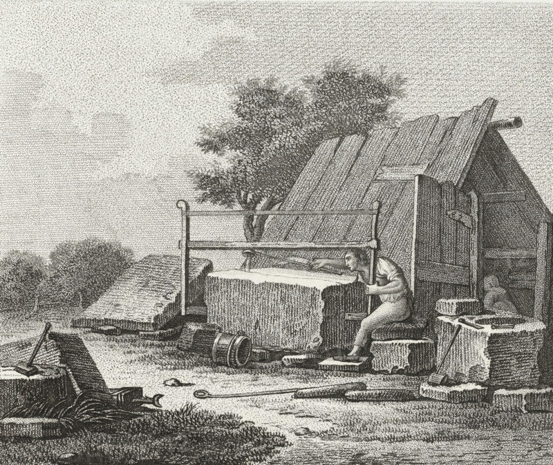 Man sawing a block of stone in half, 3rd cahier d'études, Drawing examples, third notebook, print, album page, Series number, 10, This print is part of an album., after drawing by Dubois, supervision: Jacques Marchand, publisher: Basset, Paris, c. 1800 - c. 1825, Dubois, Jacques Marchand, Basset, printmaker, after drawing by, supervision, publisher, paper, etching, engraving, stippling, crayon manner, height 170 mm x width 195 mm, tools, aids, implements, crafts and industries: saw, stone-cutter, stone-sawyer, A grainy black and white scene shows a man leaning forward beside a large rectangular block under a simple wooden frame, with his hands on the frame and his body angled toward the block; behind him a pitched wooden structure with planks and an open doorway stands, and a tree with dense foliage rises behind the roof. Rocks or masonry pieces and various tools lie scattered on the ground in front, including a barrel and long handled implements, while stacked slabs or blocks form pil...