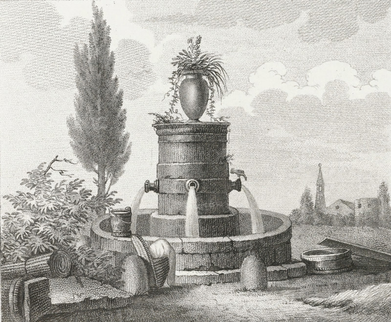 Fountain with laundry baskets, Drawing examples, third script, 3me. cahier d'études, print, album page, Series number, 11, This print is part of an album., after drawing by Dubois, supervision: Jacques Marchand, publisher: Basset, Paris, c. 1800 - c. 1825, Jacques Marchand, Dubois, Basset, printmaker, after drawing by, supervision, publisher, paper, etching, engraving, stippelwerk, crayon manner, height 170 mm x width 195 mm, laundering, ornamental fountain, A detailed black and white stippled illustration of a tiered stone fountain with water pouring from spouts into a circular basin, an ornate vase with cascading foliage atop the fountain, trees and shrubs surrounding the fountain, various buckets and a coil of hose or rope placed on the fountain edge, a tall slender tree to the left, clouds in the sky, distant pointed church steeples and rooftops on the horizon.