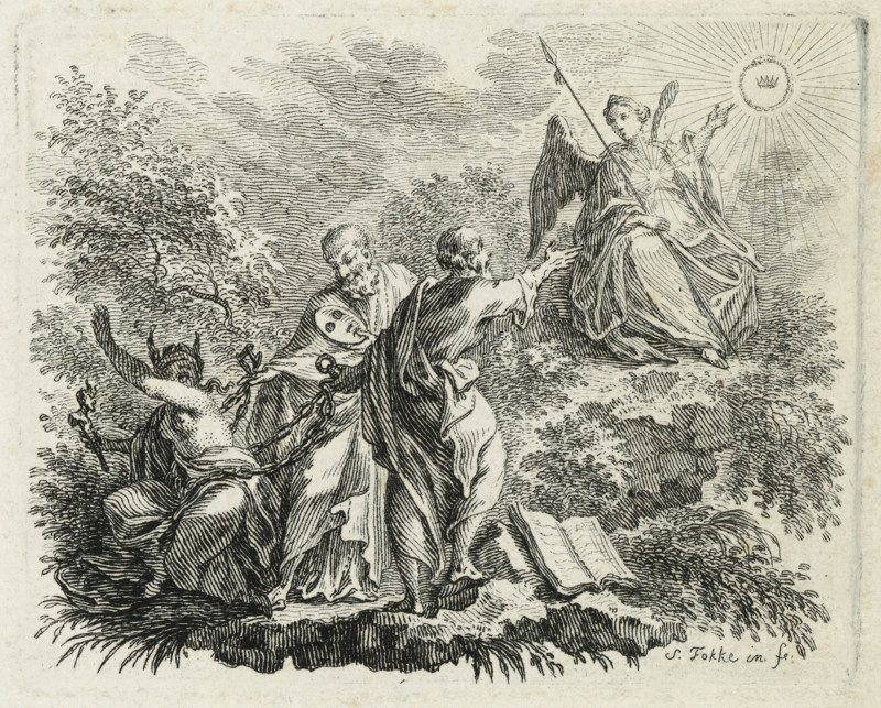 Chained Ignorance, print, Blindfolded Ignorance, with a jester's staff and donkey ears, is held in chains by two men. The man on the left holds a mask in his hand, the one on the right points to an angel on a small hill. The angel, in turn, points to the heavens where a crown adorns the sky within the radiant symbol of eternity, the snake biting its own tail., printmaker: Simon Fokke, Amsterdam, after design by, 1722 - 1784, printmaker, paper, etching, height 64 mm x width 80 mm, serpent Ouroboros, Ignorance, 'Ignoranza', 'Ignoranza di tutte le cose', 'Ignoranza in un ricco senza lettere' (Ripa), A black and white etching shows a robed angelic figure with wings seated on a rocky rise, holding a long staff and gesturing toward a radiant round light in the sky; three robed figures on the ground reach toward the angel, one kneeling and another standing with an outstretched arm, their garments rendered with flowing lines and layered folds; surrounding them are bushes and textured foliage, ...