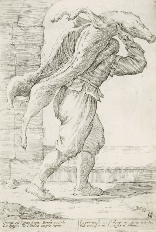 Man with slaughtered pig, Street vendors in Bologna, L'Arti Per Via, print, album page, A man walking to the right with a slaughtered pig on his back. Italian verse in lower margin., printmaker: Giuseppe Maria Mitelli, Bologna, after design by Giuseppe Maria Mitelli, after design by Annibale Carracci, Italy, publisher: Giuseppe Maria Mitelli, 1660, Giuseppe Maria Mitelli, Annibale Carracci, printmaker, publisher, paper, etching, pen, worked with pen in brown, height 280 mm x width 191 mm, Unclear letters in the caption have been worked with pen in brown. On verso a counterprint of another print from the same series by Mitelli., butcher, slaughterman, slaughtered ox or pig, street-trader, 'cris de Paris', cries of London, A pen-and-ink drawing shows a person seen from the side carrying a large animal over their shoulders; the animal’s body drapes along the person’s back with its legs hanging down and its head resting near the person’s hand. The person wears loose, knee-length breeches a...