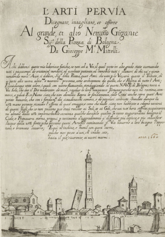 Title page with title, text, and view of Bologna, Street vendors in Bologna, L'Arti Per Via, print, album page, title page, Title with text in Italian below. Below the text, a view of Bologna., date: 'anno. 1660', printmaker: Giuseppe Maria Mitelli, Bologna, after design by Giuseppe Maria Mitelli, after design by Annibale Carracci, Italy, publisher: Giuseppe Maria Mitelli, 1660, Giuseppe Maria Mitelli, Annibale Carracci, printmaker, publisher, paper, etching, intaglio printmaking technique, etching with plate tone, height 290 mm x width 340 mm, The number of states of this print is unclear. In this state, the title has been adjusted., city-view in general, 'veduta', city-view, and landscape with man-made constructions, A faded sheet shows a hand-drawn cityscape and a block of handwritten script at the top, the script occupying the upper portion and executed in flowing, calligraphic strokes. Below the writing, a horizontal view of a walled town is rendered in fine ink lines, featuring v...