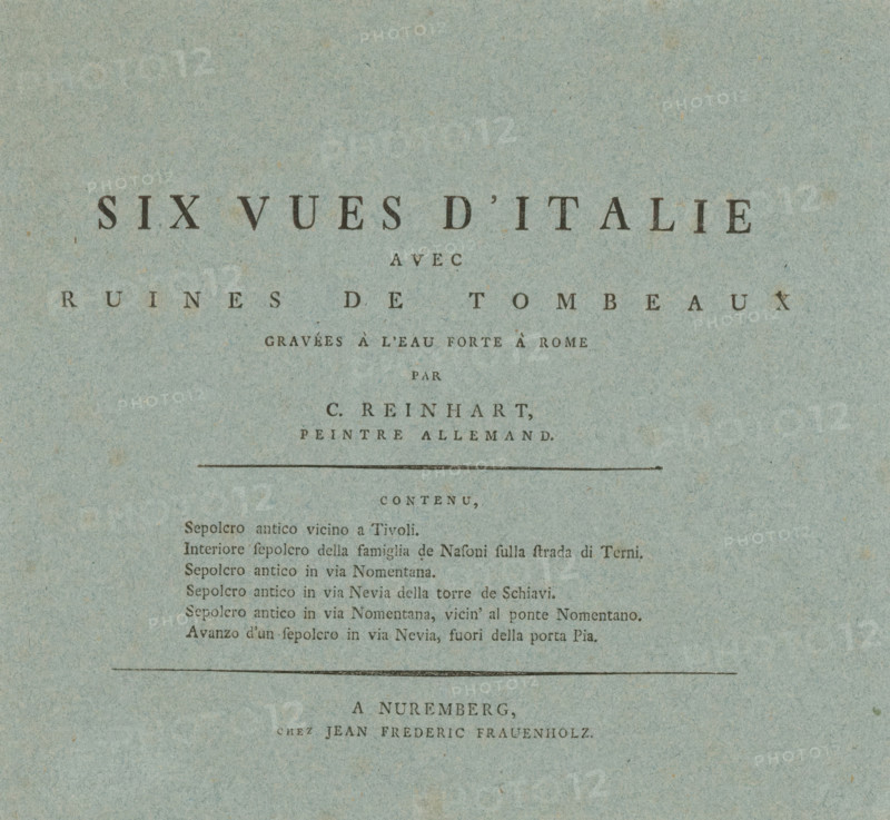 Six views of Italy with tomb walls, Title print for a series of landscapes, Painterly-radiated Prospect of Italy, Italian landscapes with monuments, print, title print, Nuremberg, publisher: Johann Friedrich Frauenholz, 1792, printmaker, Bavaria, paper, letterpress printing, height 208 mm x width 224 mm, Belonging to a series of 72 'Painterly-radiated Prospect of Italy', for which the artist made 24 prints. Albert Christoph Dies (1755-1822) and Jacob Wilhelm Mechau (1745-1808) also made 24 plates, commissioned by Jean Fréderic Frauenholz. From 1792 onwards, three sets of two prints per artist appeared at a time. The last set was published in 1798, after which complete sets were published in bound form until 1875 (Nuremberg: JL Lotzbeck). See: Schmid, FC, AC Dies, JW Mechau und JC Reinhart 'Mahlerische radirte Prospecte von Italien', Berlin: sn, 1991., A textured sheet in a muted blue-green tone with darker small speckles across its surface, showing several evenly spaced horizontal rule...