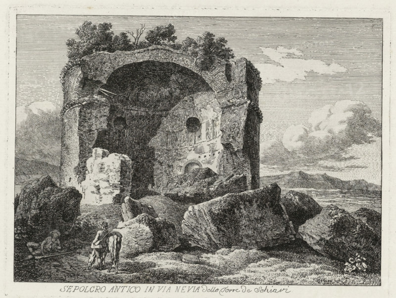 Sepolcro antico in via Nevia della torre de Schiavi, Antique tomb on the Via Nevia, called the Torre de' Schiavi, Italian landscapes with monuments, Mahlerisch-radirte Prospecte von Italien, print, printmaker: Johann Christian Reinhart, Rome, after design by Johann Christian Reinhart, publisher: Johann Friedrich Frauenholz, Nuremberg, 1792, Johann Christian Reinhart, Johann Friedrich Frauenholz, printmaker, publisher, Bavaria, paper, etching, height 159 mm x width 210 mm, Belonging to a series of 72 'Mahlerisch-radirte Prospecte von Italien', for which the artist made 24 prints. Albert Christoph Dies (1755-1822) and Jacob Wilhelm Mechau (1745-1808) also produced 24 plates, commissioned by Jean Fréderic Frauenholz. From 1792 onwards, three sets of two prints per artist were published at a time. The last set was published in 1798, after which complete bound sets were published until 1875 (Nuremberg: JL Lotzbeck). See: Schmid, FC, AC Dies, JW Mechau und JC Reinhart 'Mahlerische radirte Pr...