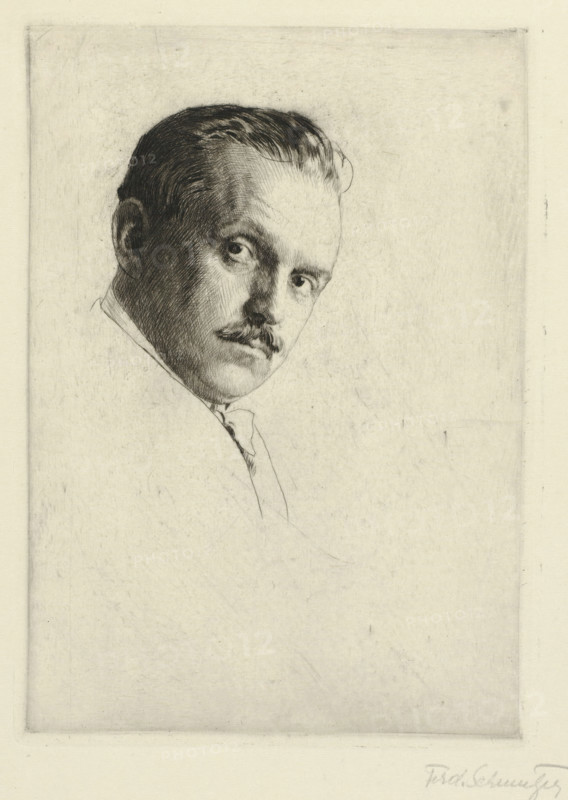Self-portrait Ferdinand Schmutzer, print, Self-portrait viewed from an angle with a gaze towards the viewer. One of the eleven proofs, signed in pencil, used prior to the prints as a frontispiece in Weixlgärtner's 1922 catalogue., printmaker: Ferdinand Schmutzer (signed by artist), Vienna, 1921, Ferdinand Schmutzer, printmaker, Lower Austria, paper, drypoint, height 197 mm x width 140 mm, Person, portrait, self-portrait of artist, self-portrait of graphic artist, A lightly shaded pencil or etching portrait of a man shown from the shoulders up, turned slightly to one side with his head angled toward the viewer, featuring slicked-back dark hair, a narrow mustache, and expressive eyes; the face is rendered with fine crosshatching and soft shading against a plain, lightly textured background framed by a rectangular border, with the clothing suggested by minimal lines and the lower area of the image mostly empty.