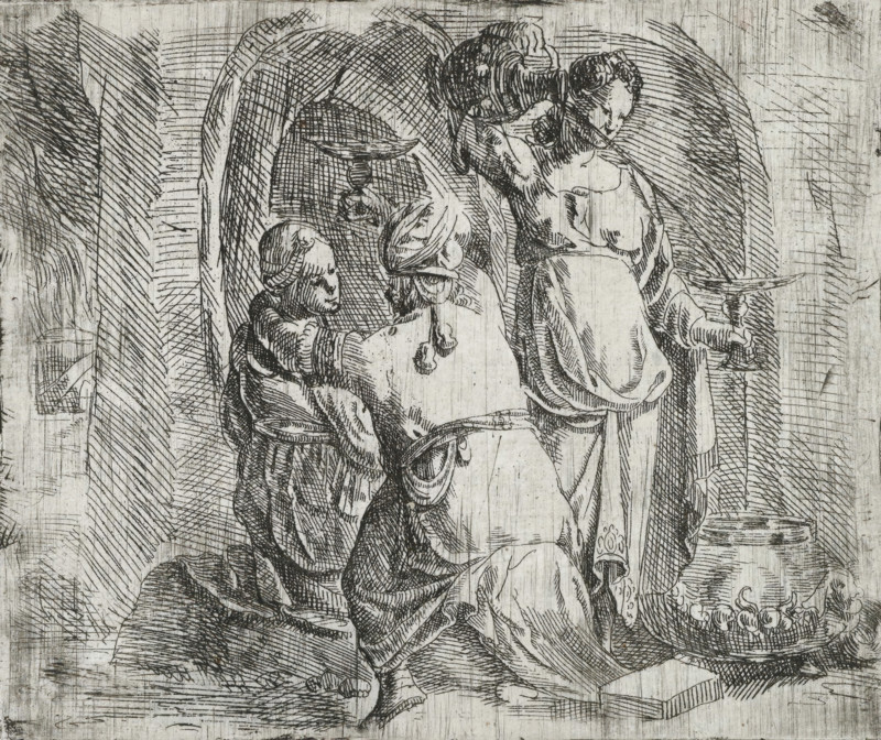 Lot and his daughters, print, Lot, seen from the back, holds a drinking bowl in his right hand. He wraps his left arm around the neck of one of his daughters. On the right, the other daughter pours drink from a jug into a bowl. On the left in the background, the burning Sodom., Netherlands, printmaker: Jan Philipsz. van Bouckhorst, after design by anonymous, 1600 - 1650, paper, etching, height 90 mm x width 109 mm, Incorrectly identified as Jan Bouckhorst in the auction catalog. The catalog refers to Hollstein, vol. 3, p. 167, no. 3. However, this is a different print. For that print, see: Lot and his daughters by Jan Philipsz. van Bouckhorst from the collection of the British Museum (TIB vol. 53, p. 14, no. 1)., Lot and his daughters (Genesis 19:30-38), A monochrome etched scene shows three robed figures inside an arched interior rendered with dense crosshatching; one figure is seated on a stool wearing a turbanlike head covering and turned slightly toward a standing figure who holds ...