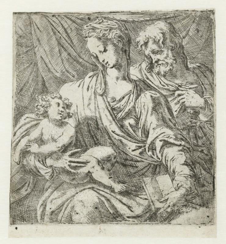 The Holy Family, print, Mary sits with the Christ Child on her lap. Behind them, Joseph stands in front of a drapery., Italy, printmaker: circle of Orazio de Santis, c. 1550 - c. 1575, paper, etching, intaglio printmaking technique, etching with plate tone, height 149 mm x width 135 mm, Light demarcation of another print on verso., Holy Family, and derived representations, A monochrome etched image showing three figures arranged closely together beneath draped fabric in the background; a seated adult with a head tilted down and curly hair framed by a cloth covering, wearing flowing robes, holds an infant with curly hair who rests against the adult's arm and looks upward, while another bearded adult with wavy hair and a robe leans in from the side with one hand near the seated figure's shoulder and the other hand holding an open book.