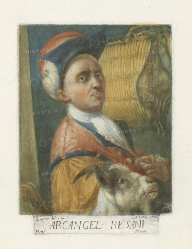 Portrait of painter Arcangelo Resani, Artist self-portraits in the Galleria degli Uffizi in Florence, Gli autoritratti della Real Galleria di Firenze, print, The sitter is depicted wearing brightly colored clothing and a hat and in the company of a goat. In the upper right is a basket with dead birds., printmaker: Carlo Lasinio, Italy, after painting by Arcangelo Resani, 1789, paper, color mezzotint, color mezzotint printed from three plates, height 175 mm x width 128 mm, After a painted self-portrait by Resani in the Galleria degli Uffizi in Florence. Print from: Carlo Lasiano, 1789., Person, historical persons, portrait, self-portrait of artist, A painted portrait of a person wearing a colorful hat with rounded shapes and a white cloth at the side, showing a pale face with light eyes and a neutral expression, dressed in layered garments including a white neck cloth and a reddish outer garment over a yellow sleeve with blue trim, the person holding or positioned beside a light-colored...