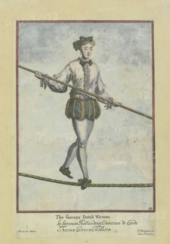 Tightrope walker, The famous Dutch Woman, costume print, photomechanical print, Europe, clichémaker: anonymous, after print by anonymous, England, after drawing by Marcellus Laroon (II), London, 1905 - 2009, photographer, after print by, paper, offset-printed, four-color offset printing, height 308 mm x width 208 mm, ropery, rope-walk, shoes, sandals (women's clothes), clothes for special purposes, the show, fair and circus performers, A full-length illustration of a person balancing on a rope while holding a long pole, wearing a ruffled blouse with puffed sleeves and a bow at the neck, short striped breeches trimmed with fringe, fitted stockings, and flat shoes with bows; the person has short, curled hair topped with a ribbon and wears a single dangling earring, and the scene is framed by a thin rectangular border with a pale, mottled background.