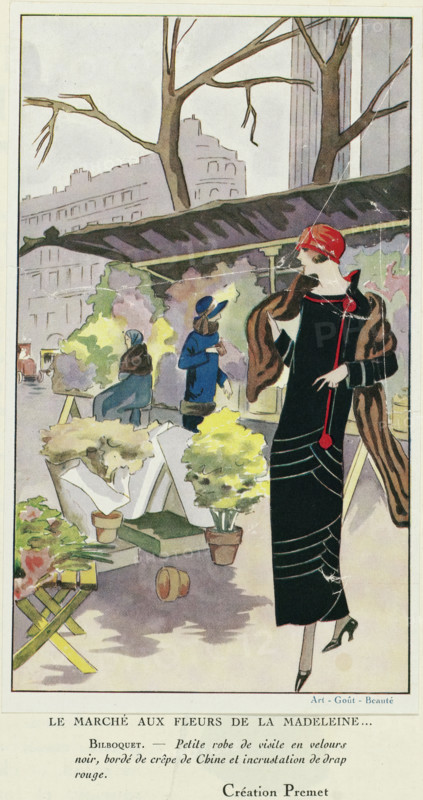 Art - Goût - Beauté, Feuillets de l' élégance féminine, January 1924, No. 41, 4th Year, p. 17: The Madeleine Flower Market, fashion print, magazine, A lady in a black velvet visiting gown by Premet, walking through the flower market in front of the Madeleine in Paris. Part of a page from the fashion magazine Art-Goût-Beauté (1920-1933)., fashion designer: Premet, publisher: Charles Goy, 1924, Premet, Charles Goy, printmaker, fashion designer, publisher, paper, lithography, photography technique, color printing, photomechanical color printing and lithography, height 0 mm x width 0 mm, fashion plates, dress, gown (VISITING DRESS) (women's clothes), costume, Period, A tall woman in a long black dress with horizontal decorative lines and a red pendant detail stands in the foreground wearing a red cloche hat and a fur-trimmed coat draped over her shoulders, one hand raised near her chest and the other extended outward; behind her an outdoor market stall displays potted plants and bouquets i...