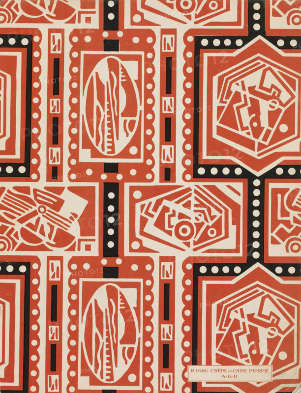 Art - Goût - Beauté, Feuillets de l' élégance féminine, Janvier 1924, No. 41, 4th Année, p. 1, magazine, Flyleaf: cubist shapes in frames: red and black on white ground. Bottom right in frame: R 12484, 2 Crêpe de Chine Imprimé AGB, publisher: Charles Goy, 1924, Charles Goy, publisher, paper, photography technique, photomechanical printing, height 315 mm x width 240 mm, Period, A repeating geometric pattern in terracotta and black on an off-white background, featuring rectangular frames with scalloped inner borders, circular dots, vertical black bars with small off-white rectangles, and panels containing abstract organic shapes and angular motifs; some panels show an oval with flowing, wavy interior lines while others contain hexagonal or octagonal frames with angular, mechanical-looking forms; the design is arranged in a grid with alternating vertical and horizontal elements and a small rectangular label partially visible near the bottom edge.