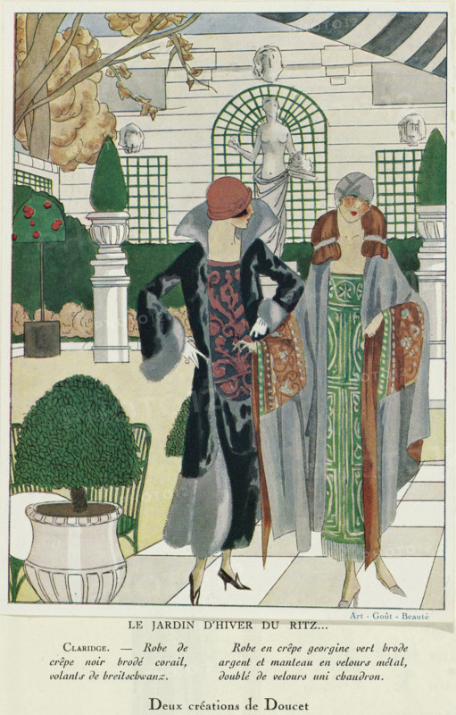 Art - Goût - Beauté, Feuillets de l' élégance féminine, Janvier 1924, No. 41, 4th Année, p. 6: Le Jardin d'Hiver du Ritz, fashion print, The winter garden at the Ritz in 1924. Gowns and coats by Doucet. Part of a page from the fashion magazine Art-Goût-Beauté (1920-1933)., fashion designer: Jacques Doucet, publisher: Charles Goy, 1924, printmaker, paper, lithography, photography technique, color printing, photomechanical color printing and lithography, height 315 mm x width 240 mm, dress, gown (women's clothes), garden, fashion plates, coat (women's clothes), head-gear: cloche hat (women's clothes), border, ribbon, braid (fur used for clothes), costume, Period, Two women stand in an elegant garden terrace in front of a classical statue and trellised wall; one woman faces slightly away wearing a dark full-length coat with a large collar and fur-trimmed sleeves, a patterned dress visible beneath, a cloche hat, gloves, and high-heeled shoes, while the other faces forward in a long pattern...