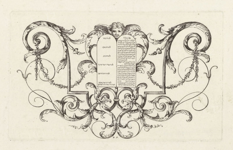 Tables of the Law, print, ornamental print, Vignette with the Tablets of the Law in the center, an angel above, surrounded by ornament., printmaker: Bernard Picart, Amsterdam, 1683 - 1733, paper, etching, height 108 mm x width 180 mm, Print originally intended for: Figures de la Bible. Amsterdam, 1720. Print also used in: Scenes of the most important histories of the Old and New Testament ... drawn by the renowned artists Hoet, Houbraken, and Picart ... and expanded with descriptions. The Hague: Pieter de Hondt, 1728. Print may possibly also have been used in other Bibles., foliage, tendrils, branches, ornament, the ten commandments represented together on stone tablets, An ornate symmetrical ink drawing on a pale background featuring a central pair of rounded tablets framed by decorative acanthus leaves and scrollwork, topped by a cherubic face with curled hair and small wings, with elaborate curling tendrils and floral motifs extending outward into mirrored spirals that end in beaded...
