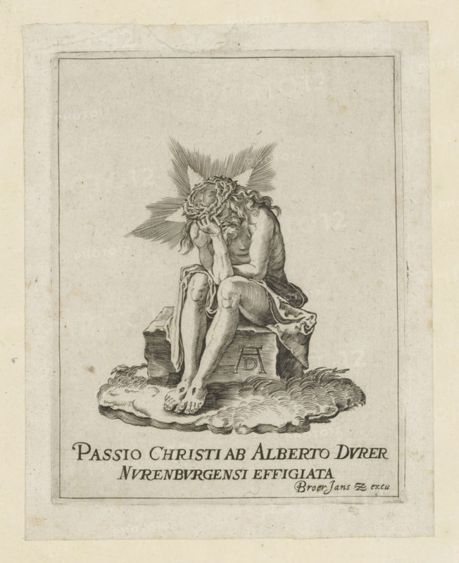 Christ on the cold stone, The Little Passion, Passio Christi Ab Alberto Durer Nurenburgensi Effigiata, print, album page, title page, Christ sits with his head in his hands on the cold stone. On his head the crown of thorns. The stigmata are visible on his feet and hand. Print is part of an album., printmaker, after print by, publisher, The Hague, paper, engraving, engraving pasted on album page, height 131 mm x width 101 mm, height 224 mm x width 160 mm, Christ in distress, sitting on the cold stone (alone), Christ suffering (with crown of thorns, head usually turned sidewards), A monochrome engraving shows a seated, sorrowful male figure with long wavy hair and a crown of thorns, head bowed with hands covering the face, seated on a rectangular stone block draped with cloth and set upon a textured ground that resembles a cloud or cushion; radiating lines form a starburst behind the figure's head, the body is partially covered with a cloth around the waist, and the feet rest on the tex...