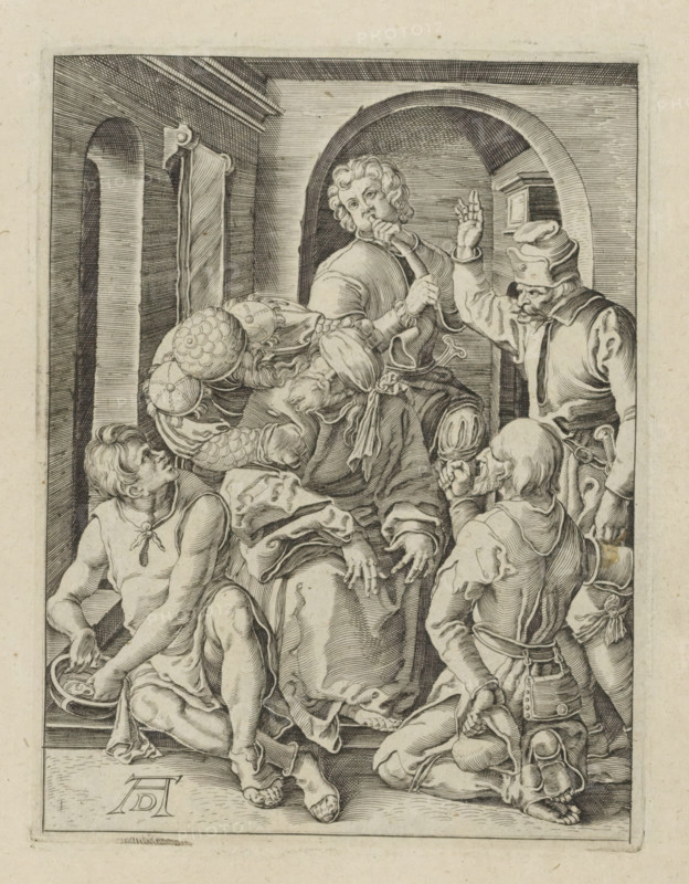 Mocking of Christ, Passio Christi Ab Alberto Durer Nurenburgensi Effigiata, The Little Passion, print, album page, The blindfolded Christ is mocked and beaten by five men. Print is part of an album., printmaker, after print by, publisher, The Hague, paper, engraving, engraving pasted onto album page, height 129 mm x width 98 mm, mockings of Christ, who may be blindfolded, A detailed black and white engraving shows a group of figures arranged under an arched interior with architectural columns and a recessed niche, the central figure seated with curly hair and a flowing robe, holding a finger to the mouth of a second figure who leans forward wearing ornate armor and a plumed helmet, another robed figure to the right raises an open hand while wearing a hat, and two partially nude men kneel in the foreground with visible muscles and drapery, one holding a shallow dish and the other turned away with a pouch at the waist; the scene includes intricate linework for clothing folds, armor detai...
