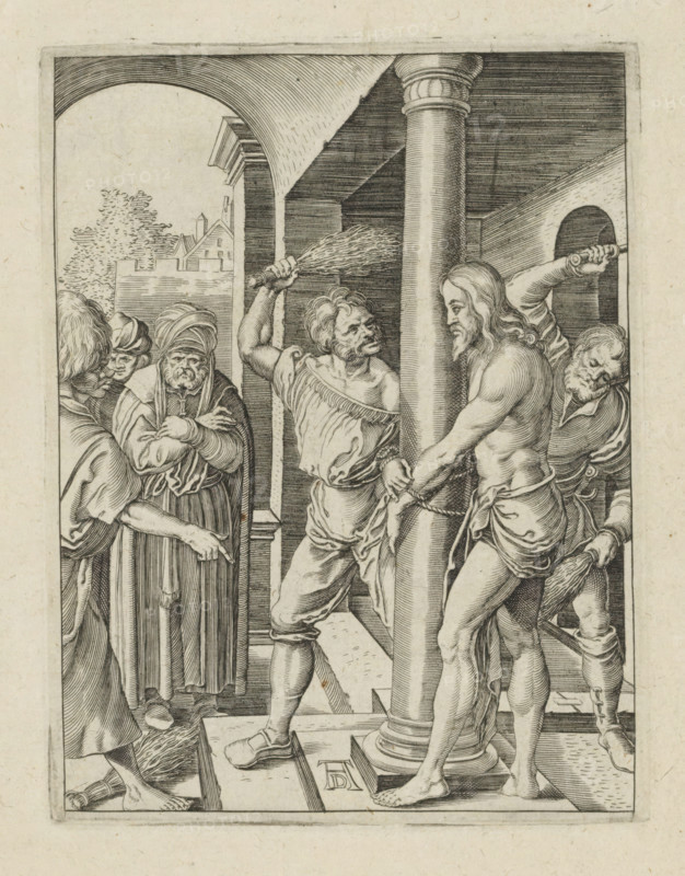 Scourging of Christ, The Little Passion, Passio Christi Ab Alberto Durer Nurenburgensi Effigiata, print, album page, Christ, bound to a column, is flogged by men with bunches of branches. Print is part of an album., printmaker, after print by, publisher, The Hague, paper, engraving, engraving pasted on album page, height 130 mm x width 99 mm, flagellation by soldiers, Christ usually tied to a column (Matthew 27:26, Mark 15:15, John 19:1), A black and white engraved scene shows a group of people under an architectural setting with columns and an archway; a central bearded, semi-nude man stands facing left with his hands bound at the waist and a cloth wrapped around his hips, and another muscular man behind him grips a rope or cord; to the left a man with raised arm holds a bundle resembling a whip above his head as if about to strike, and nearby a figure wearing a heavy cloak and head covering looks on with folded arms and a stern expression; additional onlookers appear clustered at the...