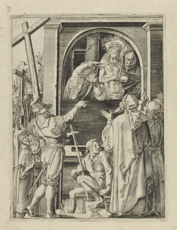 Christ shown to the people (Ecce homo), Passio Christi Ab Alberto Durer Nurenburgensi Effigiata, The Little Passion, print, album page, Christ is shown to a cheering crowd of people, standing in an open window. Print is part of an album., printmaker, after print by, publisher, The Hague, paper, engraving, engraving pasted onto album page, height 130 mm x width 99 mm, Pilate showing Christ to the people, 'Ostentatio Christi', 'Ecce Homo' (John 19:4-6), A detailed black and white engraving shows a raised platform framed by an arched opening where a seated bearded man wearing a crown of thorns is held by two figures; one leans forward with a hand on the crowned man's head and the other stands behind him holding a long staff. Below the platform a group of men in period clothing and helmets are gathered, some gesturing upward and one kneeling while holding a pole. On the left a man with a broad-brimmed hat stands with his back turned, a tall wooden cross and other poles lean against the wal...