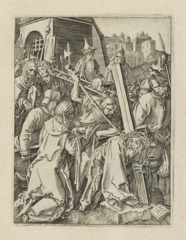 Carrying of the Cross, The Little Passion, Passio Christi Ab Alberto Durer Nurenburgensi Effigiata, print, album page, Christ carries his cross, followed by a crowd of people. Veronica stands next to him with the sweat cloth. Print is part of an album., printmaker, after print by, publisher, The Hague, paper, engraving, engraving pasted onto album page, height 130 mm x width 99 mm, Christ meets Veronica, who has a cloth to wipe Christ's face, A tightly composed black and white line engraving shows a crowded scene of robed and hooded figures clustered around a central man who is bent forward and holding a large wooden beam. Faces show varied expressions and hairstyles, including a long-bearded man looking upward, a bearded soldier wearing a pointed helmet, and several men with turbans or wrapped head coverings. Poles, spears, and halberds rise behind the group, and a figure with a tall pointed hat stands near the middle. Draped garments create deep folds and flowing lines across the com...