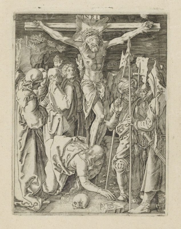 Crucifixion, Passio Christi Ab Alberto Durer Nurenburgensi Effigiata, The Little Passion, print, album page, Christ on the cross, the Marys on his right, some soldiers on his left. Print is part of an album., printmaker, after print by, publisher, The Hague, paper, engraving, engraving pasted onto album page, height 131 mm x width 101 mm, crucified Christ, with particular persons under the cross, A monochrome engraved scene shows a central male figure suspended on a horizontal beam with arms outstretched and a cloth wrapped around the waist; a crown of thorns rests on the head and lines radiate behind it. Surrounding the central figure are several standing figures in layered robes and head coverings, some with hands raised and others with heads bowed or faces turned toward the suspended figure. To the right, armored figures hold long spears and wear helmets and coiled headgear, one raising a hand. In the foreground a bent figure reaches toward the ground and another kneels with long ha...