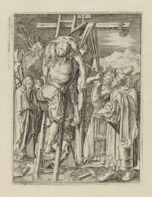 Descent from the Cross, The Little Passion, Passio Christi Ab Alberto Durer Nurenburgensi Effigiata, print, album page, The body of Christ is taken down from the cross. Print is part of an album., printmaker, after print by, publisher, The Hague, paper, engraving, engraving pasted onto album page, height 132 mm x width 100 mm, descent from the cross: Christ is taken down from the cross, usually by Nicodemus and Joseph of Arimathea who are standing on the ladders (both arms of Christ detached), A detailed engraving shows a central male figure with long hair and a partially draped torso being lowered from a horizontal wooden beam while a ladder rests against it; a strip of cloth hangs from the beam and a circlet of thorns is placed on the far end. Several robed figures stand around the central figure, some looking up with visible facial expressions and one holding the cloth while another supports the body. In the background there is a landscape with rocky formations and a bare, twisted t...