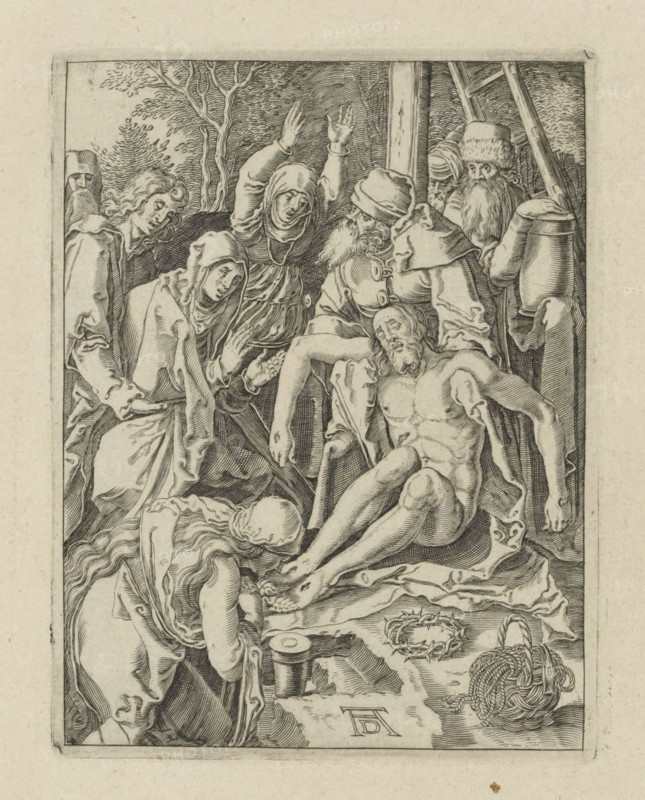 Lamentation, Passio Christi Ab Alberto Durer Nurenburgensi Effigiata, The Little Passion, print, album page, The dead Christ is mourned by his mother, Mary Magdalene and John the Evangelist. Print is part of an album., printmaker, after print by, publisher, The Hague, paper, engraving, engraving pasted onto album page, height 131 mm x width 101 mm, Christ's body supported, A rectangular engraving shows a group of robed figures gathered around a seated, partially nude male figure whose head tilts back and whose limbs are limp; one person kneels near his feet with long flowing hair and another figure leans over him holding his legs. Several standing figures around them wear hoods or head coverings, some with beards and one with a fur hat, and one figure raises both hands with palms up. Drapery and folds of cloth fill much of the composition, with a crown of thorns lying on a clothed surface near a coiled rope and a small cylindrical container nearby. In the background there are trees and...