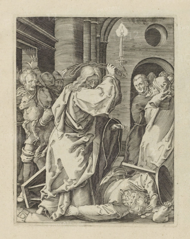 Expulsion of the money changers from the temple, The Little Passion, Passio Christi Ab Alberto Durer Nurenburgensi Effigiata, print, album page, Christ expels the money changers from the temple with a whip. Print is part of an album., printmaker, after print by, publisher, The Hague, paper, engraving, engraving pasted on album page, height 129 mm x width 99 mm, purification of the temple ('first' and 'second'): Christ driving the money-changers from the temple with a whip (Matthew 21:12-13, Mark 11:15-17, Luke 19:45-46, John 12:12-19), A detailed black and white engraving shows a central robed figure seen from the back with long wavy hair, raising a braided whip above the head while standing over a fallen man with curly hair lying on the ground among overturned chairs and scattered coins and a small pouch; to the left a group of onlookers press forward, one holding a small sheep and others peering anxiously from a doorway, and to the right two men in arched niches react with surprised ...
