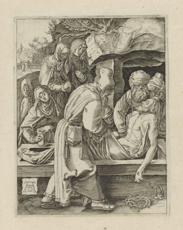 Entombment, The Little Passion, Passio Christi Ab Alberto Durer Nurenburgensi Effigiata, print, album page, The body of Christ is laid in a tomb. Print is part of an album., printmaker, after print by, publisher, The Hague, paper, engraving, engraving pasted on album page, height 130 mm x width 100 mm, Christ's entombment (possibly by angels), A monochrome etched scene shows a group of robed figures gathered around a reclining male figure whose head leans back and whose upper body is exposed; one standing figure with a long robe and a pointed head covering bends forward while holding the reclining figure, a pair of older bearded men with wrapped head coverings stand nearby looking toward the reclining figure, and several women in veils and hoods cluster to the left with bowed heads and clasped hands; in the background a rocky cave opening and a bare-branched tree are visible beneath a sky with swirling clouds, while in the lower foreground a crown of thorns lies on the ground near a sm...