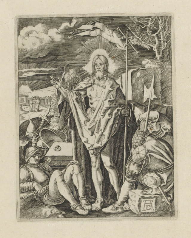 Resurrection of Christ, Passio Christi Ab Alberto Durer Nurenburgensi Effigiata, The Little Passion, print, album page, Christ standing before his grave, a staff with a banner in his hand, surrounded by sleeping soldiers. Print is part of an album., printmaker, after print by, publisher, The Hague, paper, engraving, engraving pasted on album page, height 130 mm x width 101 mm, Christ, usually holding a banner, arises from the grave, often combined with sleeping and, or frightened soldiers, A central robed figure stands barefoot with long hair and a beard, a radiant halo of lines surrounding the head, holding a tall staff topped with a cross-like shape and raising one hand in a gesture; draped cloth covers parts of the torso and falls in folds, and figures in armor and helmets recline and kneel around the central figure, some holding spears and shields, one wearing a plumed helmet and another with a round shield and helmeted head turned upward; a flagged banner and a fallen coffin-like ...