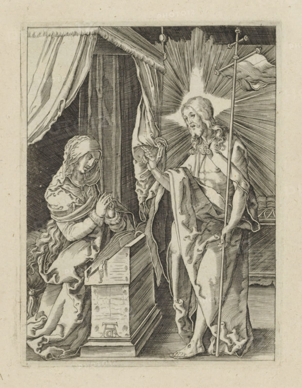 Christ appears to his mother, Passio Christi Ab Alberto Durer Nurenburgensi Effigiata, The Little Passion, print, album page, The risen Christ greets his mother Mary, who is kneeling before a lectern. Print is part of an album., printmaker, after print by, publisher, The Hague, paper, engraving, engraving pasted onto album page, height 130 mm x width 98 mm, Christ, perhaps dressed as a pilgrim, appearing to his mother, who is usually shown praying, A detailed black and white engraving shows a robed bearded man standing with a long staff and a banner, a radiant starburst behind his head, his long hair and beard rendered in flowing lines, and his draped garment falling in deep folds; opposite him a kneeling woman with a covered head and layered robes clasps her hands in front of her, her gaze lowered, and a draped canopy and heavy curtains form the backdrop while carved architectural elements and a raised platform occupy the foreground.