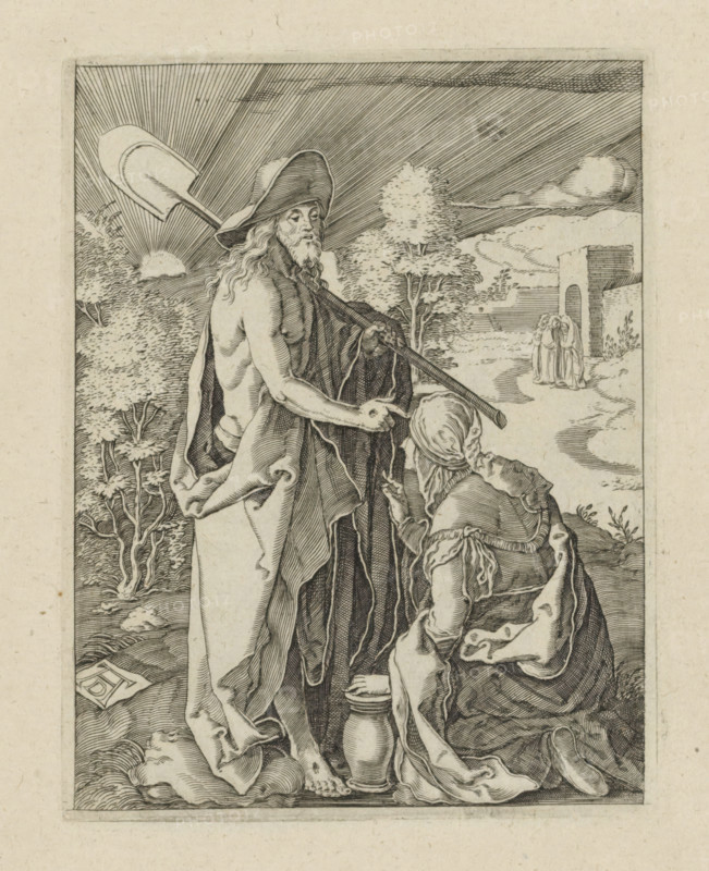 Christ appears to Mary Magdalene (Noli me tangere), Passio Christi Ab Alberto Durer Nurenburgensi Effigiata, The Little Passion, print, album page, Christ appears as a gardener to Mary Magdalene (Noli me tangere). She kneels before him. Print is part of an album., printmaker, after print by, publisher, The Hague, paper, engraving, engraving pasted on album page, height 130 mm x width 100 mm, Mary Magdalene kneeling before Christ, who is usually represented as a gardener with a hoe and, or a spade, 'Noli me tangere', A detailed engraving shows an elderly bearded man standing with a wide-brimmed hat and a long cloak draped around his shoulders, a long staff or pole resting across his back with one hand holding it and the other pointing downward; in front of him a kneeling woman with a headscarf and layered garments reaches toward him while a jug sits beside her feet; behind them a landscape unfolds with stylized trees, rolling paths, a distant building with an arched opening, and a small...