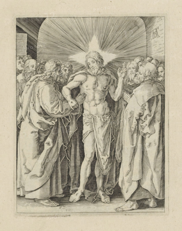 Disbelief of Thomas, The Little Passion, Passio Christi Ab Alberto Durer Nurenburgensi Effigiata, print, album page, The disciple Thomas feels the side wound of Christ, surrounded by the other disciples. Print is part of an album., printmaker, after print by, publisher, The Hague, paper, engraving, engraving pasted on album page, height 132 mm x width 100 mm, Thomas touching or stretching out his hands to touch the wound in Christ's side, sometimes Christ leading Thomas' hand, A grayscale engraving shows a central male figure with long hair and a beard standing with a cloth draped at his waist and a radiant star-shaped light behind his head. He is surrounded by robed men with varied hairstyles and beards, some facing him closely and others turned slightly, hands raised or clasped. Detailed folds and drapery of the robes are visible, along with the figures' bare feet on a flat surface. The background includes arched architectural elements framing the group and fine radiating lines emana...