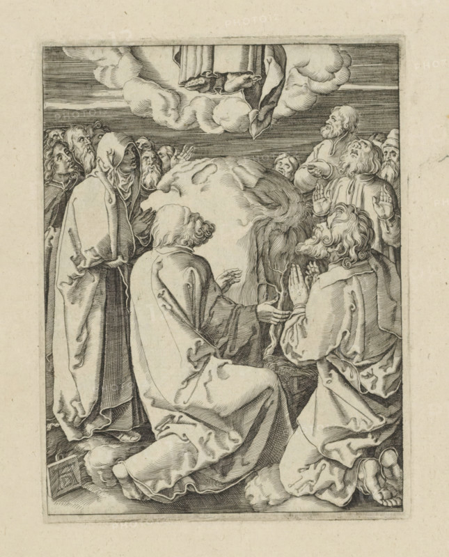 Ascension, Passio Christi Ab Alberto Durer Nurenburgensi Effigiata, The Little Passion, print, album page, Christ ascends to heaven in the presence of his disciples and his mother. Print is part of an album., printmaker, after print by, publisher, The Hague, paper, engraving, engraving pasted onto album page, height 130 mm x width 100 mm, Christ almost vanished: only feet visible, A detailed black and white engraving shows a group of robed figures gathered closely and looking upward toward a pair of feet emerging from clouds at the top of the image; the figures display varied hair and beard styles and wear draped garments with flowing folds, some with raised hands and palms visible in gestures of attention, one figure in a hooded cloak stands at the left edge, others are kneeling with visible bare feet and layered robes, the cloud formation is rendered with swirling lines and shading, the composition is framed by a rectangular border and the ground beneath the figures is textured with ...