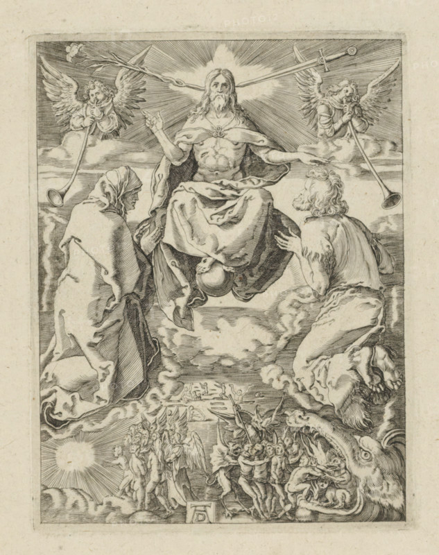Last Judgment, The Little Passion, Passio Christi Ab Alberto Durer Nurenburgensi Effigiata, print, album page, Christ pronounces the Last Judgment seated on the rainbow. Beside his head a lily and a sword. Mary and John kneel beside him. The dead rise. On the left the blessed are taken up into heaven. On the right the wicked are led into the mouth of hell by devils. Print is part of an album., printmaker, after print by, publisher, The Hague, paper, engraving, engraving pasted on album page, height 130 mm x width 99 mm, comprehensive representation of Last Judgment: Christ (with sword and lily), often surrounded by elders and sometimes accompanied by Mary and John the Baptist, appears in the sky with trumpeting angels (and sometimes angels holding the instruments of the Passion), after the resurrection of the dead the blessed are led to heaven by angels, and the damned are dragged into hell by devils, A central seated bearded figure with long hair and a draped robe sits on a cloud with...