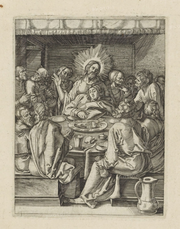 Last Supper, The Little Passion, Passio Christi Ab Alberto Durer Nurenburgensi Effigiata, print, album page, Christ sits with his disciples at the Last Supper. John presses his head against Christ's chest. Print is part of an album., printmaker, after print by, publisher, The Hague, paper, engraving, engraving pasted onto album page, height 132 mm x width 101 mm, Last Supper (in general) (Matthew 26:21-35, Mark 14:18-31, Luke 22:3, 22:15-23, John 13:21-38), A detailed black and white engraving of a group gathered around a long table inside a room with a curtained valance and a beamed ceiling, showing a central seated figure with a radiating halo behind the head and flowing hair, surrounded by others with varied facial expressions and gestures; the table is set with platters, a bowl, a cup, a knife, bread and a pitcher at the foreground, while draped garments, layered folds and textured hair are rendered across all figures, some leaning forward and some turned toward the center, with a ...