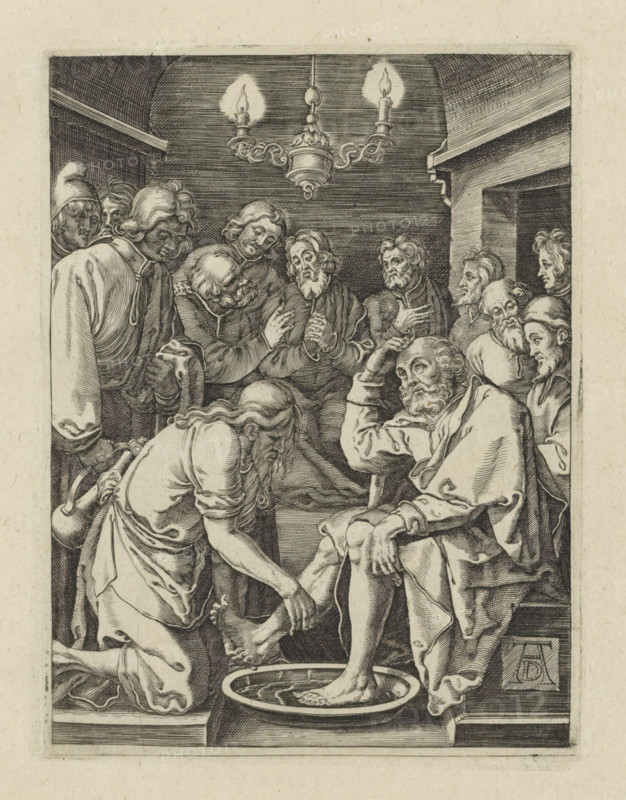 Washing of Peter's Feet, Passio Christi Ab Alberto Durer Nurenburgensi Effigiata, The Little Passion, print, album page, Christ kneels before the apostle Peter and washes his feet. Peter points to his head. The other apostles stand around them in the room. Print is part of an album., printmaker, after print by, publisher, The Hague, paper, engraving, engraving pasted onto album page, height 131 mm x width 99 mm, Christ washes Peter's feet, An engraved scene shows a group of people gathered in an interior space beneath an ornate three-armed chandelier with two lit flames. In the foreground a man sits on a bench with one foot resting in a shallow basin while another man kneels and washes his other foot, holding it with both hands. The seated man leans his head on one hand and wears draped robes, showing a beard and contemplative expression. Around them stand figures with varied hairstyles and beards, many leaning forward and looking toward the foot-washing, some with hands clasped or rai...